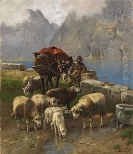 Schafe Und Hirte An Einem Hochgebirgssee by Christian Friedrich Mali