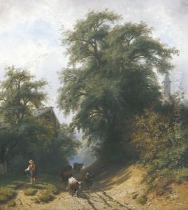 Hirte Mit Seiner Kuhherde Auf Einem Baumbestandenen Waldweg, Im Hintergrund Ein Kirchturm