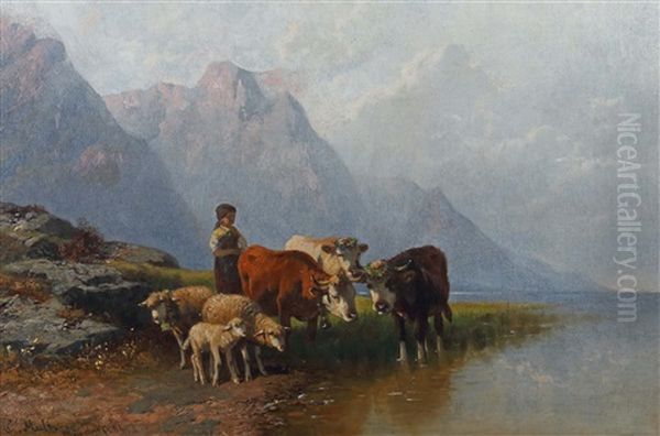 Hirtin Mit Kuhen Und Schafen An Einem Seeufer In Den Alpen - view 1