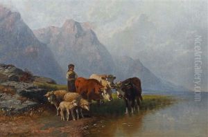 Hirtin Mit Kuhen Und Schafen An Einem Seeufer In Den Alpen by Christian Friedrich Mali