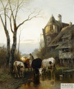 Kuhe An Der Viehtranke Am Dorfrand by Christian Friedrich Mali