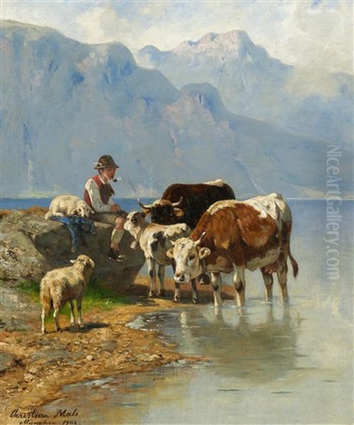 Hutebub Mit Kuhen Und Schafen Am Bergsee - view 1