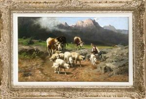 Rastender Hirtenjunge Mit Kuhen Und Schafen Auf Der Hochalm