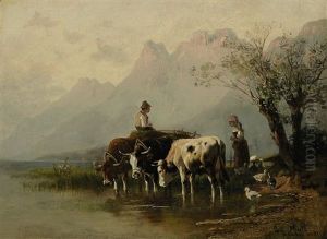 Hirtin Und Bauernbub Auf Heuwagen Am Wasser by Christian Friedrich Mali