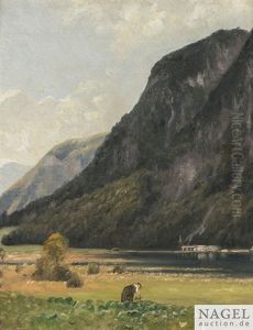 Vor Machtigem Bergmassiv, Sommerliche Landschaft Mit Badesee, Im Vordergrund Bauerin by Christian Friedrich Mali