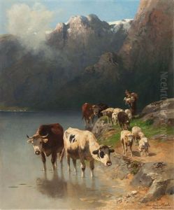 Hutejunge Mit Kuhen Und Schafen An Einem Gebirgssee Hutejunge Mit Kuhen Und Schafen An Einem Gebirgssee