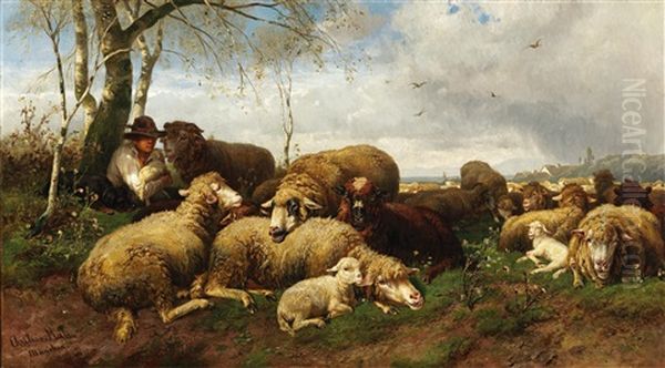 Flock Of Sheep With Shepherd - view 1