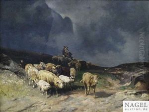 Flock Of Sheep With Herdsman In A Thunder Storm Cloudy Landscape by Christian Friedrich Mali