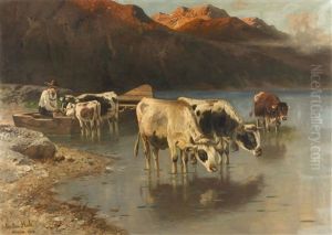 Hutejunge Mit Rindern Am Ufer Eines Gebirgssees by Christian Friedrich Mali