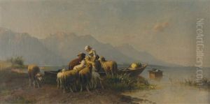 Hirtin Mit Schafen Am Abendlichen Chiemsee by Christian Friedrich Mali