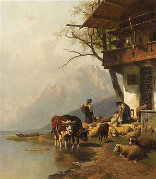 Ruhende Schafherde Vor Dem Haus Am Bergsee - view 1