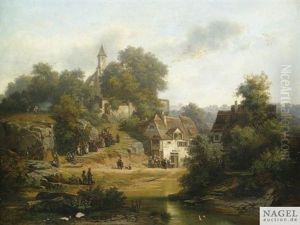 Bauernhochzeit. Von Der Umfriedeten Kirche Zieht Der Brautzug Zum Gasthaus, Wo Eine Kapelle Das Brautpaar Erwartet