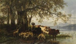 Bauerin Und Hirtenjunge Mit Rinder- Und Schafherde Am Seeufer