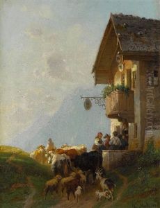 Bauer Mit Vieh Auf Dem Heimweg Vor Dem Gasthaus