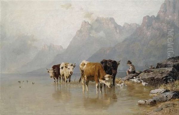 Kuhe Und Ganse Mit Einem Hirten Am Seeufer - view 1