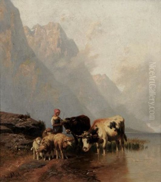 Hirtenmadchen Mit Kuhen Und Schafen Am Bergsee - view 1