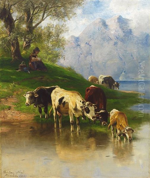 Kuhe An Der Tranke Am Ufer Eines Gebirgssees Mit Ruhender Bauerin Mit Kleinkind Im Schatten Eines Baumes - view 1