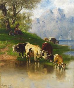 Kuhe An Der Tranke Am Ufer Eines Gebirgssees Mit Ruhender Bauerin Mit Kleinkind Im Schatten Eines Baumes