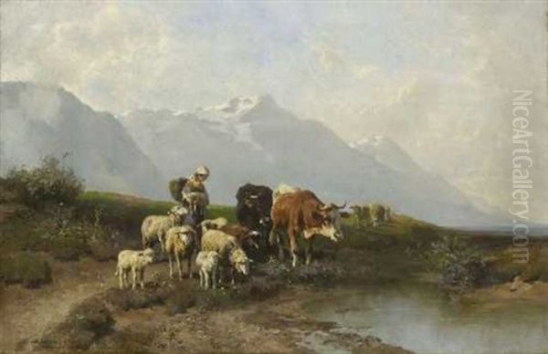 Hirtin Mit Schafen Und Zwei Rindern An Der Tranke - view 1
