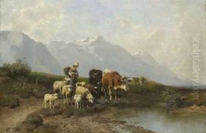 Hirtin Mit Schafen Und Zwei Rindern An Der Tranke by Christian Friedrich Mali