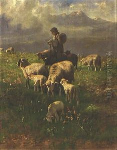 Hutemadchen Mit Schafen Auf Alpwiese by Christian Friedrich Mali