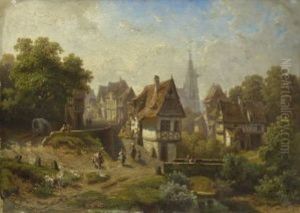 Partie In Einer Mittelalterlichen Stadt Mit Gotischer Kirche (ulm?)