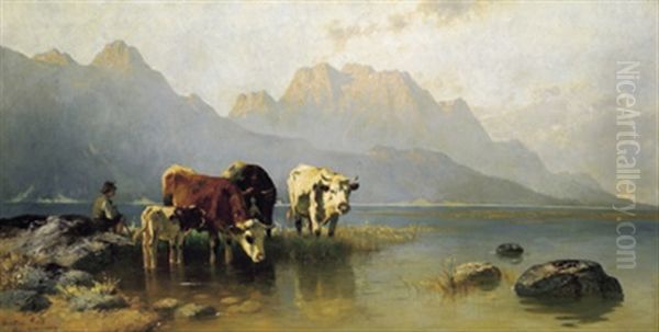 Kuhe Mit Hirten Am Seeufer - view 1