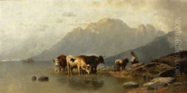 Hirte Mit Kuhen Am Ufer Eines Gebirgssees - view 1