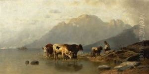 Hirte Mit Kuhen Am Ufer Eines Gebirgssees by Christian Friedrich Mali