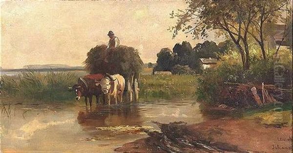 Heubeladener Ochsenkarren In Einer Furt - view 1