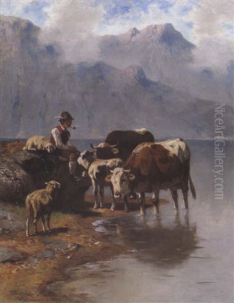 Hirte Mit Schafen Und Rindern Am Ufer - view 1