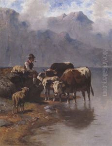 Hirte Mit Schafen Und Rindern Am Ufer by Christian Friedrich Mali