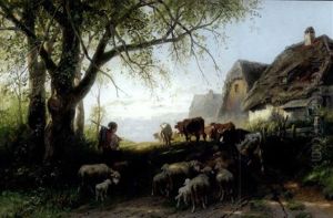 Schafe Und Kuhe Mit Ihrem Hirten Am Rande Eines Dorfes by Christian Friedrich Mali