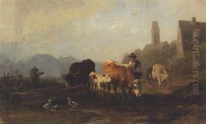 Huterjunge Mit Kuhherde Und Enten Am Brunnen Vor Dem Dorf by Christian Friedrich Mali