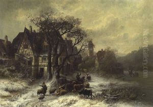 Ein Hirte Mit Seiner Herde Vor Einem Verschneiten Dorf Ein Hirte Mit Seiner Herde Vor Einem Verschneiten Dorf