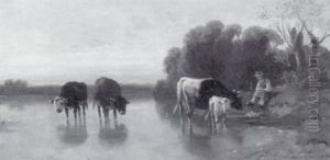 Kuhherde Im Flachen Uferwasser by Christian Friedrich Mali
