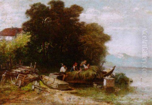 Am Ufer Des Chiemsees - Bauern Spielen Mit Ihren Kindern Auf Den Am Ufer Liegenden Booten Mit Heu - view 1