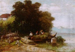 Am Ufer Des Chiemsees - Bauern Spielen Mit Ihren Kindern Auf Den Am Ufer Liegenden Booten Mit Heu