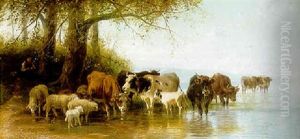 Cattle And Sheep By A River's Edge Cattle And Sheep By A River's Edge