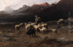 Hirtin Mit Schafen Am Gebirgssee by Christian Friedrich Mali