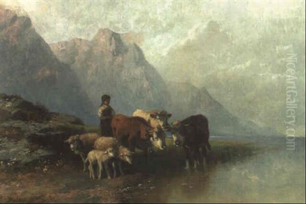Eine Hirtin Mit Ihren Kuhen Und Schafen An Einem Gebirgssee - view 1
