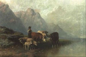 Eine Hirtin Mit Ihren Kuhen Und Schafen An Einem Gebirgssee by Christian Friedrich Mali