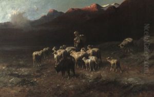 Eine Junge Hirtin Mit Ihrer Schafherde An Einem Gebirgssee by Christian Friedrich Mali