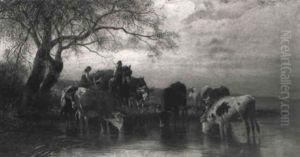 Troupeau S'abreuvant Au Crepuscule by Christian Friedrich Mali