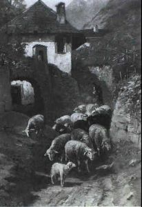Schafer Mit Seiner Herde Vor Einem Gehoft Im Gebirge