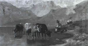 Eine Kuhherde Steht Im Uferwasser Eines Bergsees by Christian Friedrich Mali