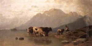 Huterbub Mit Kuhen Am Ufer Des Bergsees