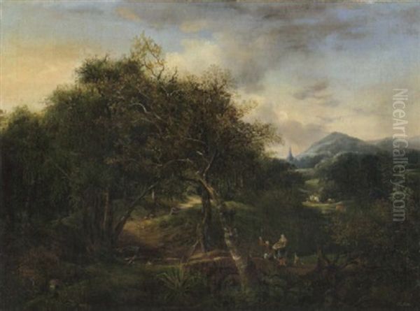 Bewaldete Hugellandschaft Mit Rastenden Bauern - view 1