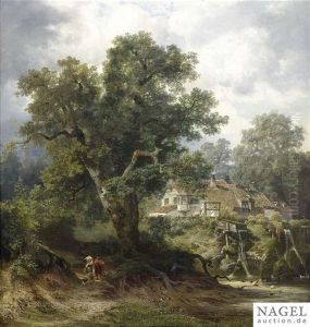 Summery Landscape With A Mill And A Peasant Family On The Tramp by Jan (Johann Cornelius) Mali