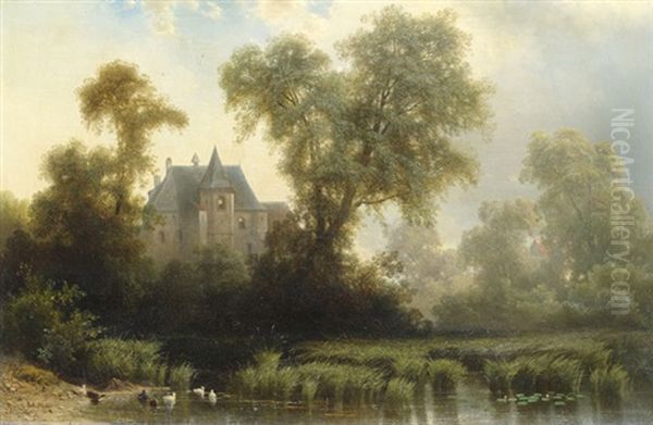 Sommerliche Landschaft An Einem Weiher Mit Einem Herrenhaus Im Hintergrund - view 1
